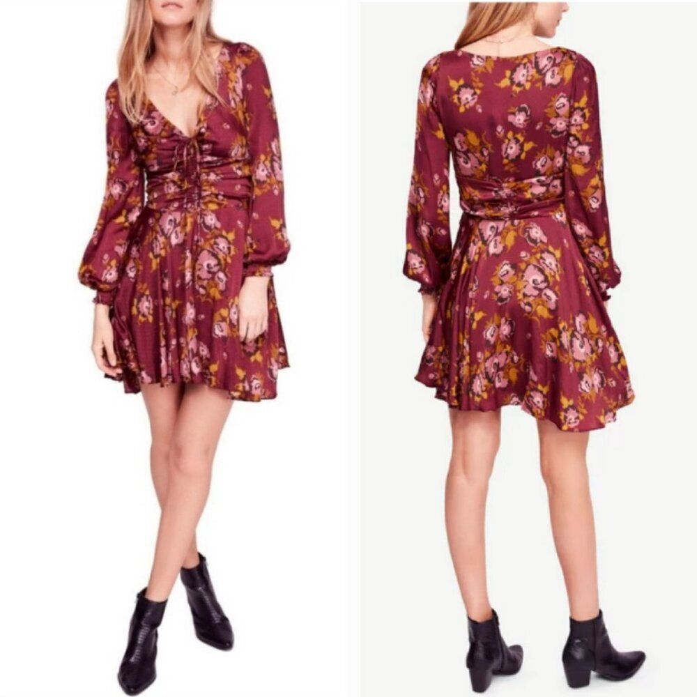 Free People Floral Fit & Flare Purple Dress Longsleeve Lightweight Size 6